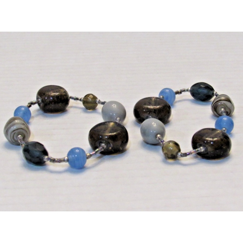 2 Handmade Lampwork Glass Bracelet Brown Blue‎ Swirl Beaded Artisan 6.5in